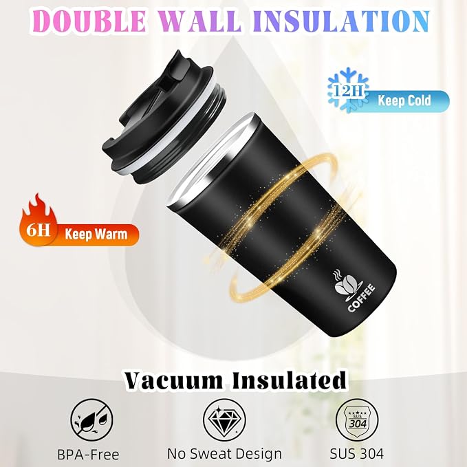 17oz Insulated Travel Coffee Mug with Flip Lid ¨C Leakproof Stainless Steel Insulated Coffee Tumblers, Reusable Coffee Cup for Hot & Cold Drinks, Perfect for Camping & On-the-Go