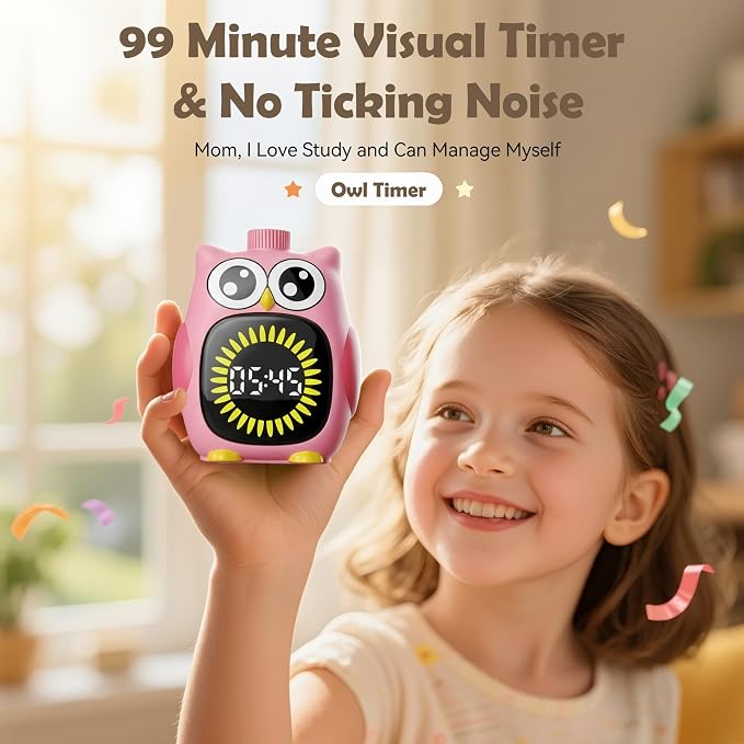 Doli Yearning Visual Timer for Kids, 99 Minute Countdown Timer Pink | Owl Digital Timer for Home School Classroom Supplies Study, Silent Time Management Tool