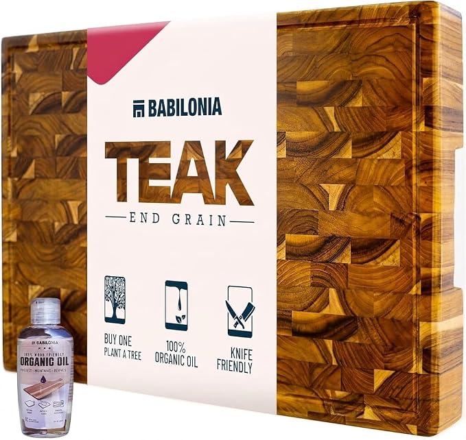 Teak Wood Cutting Board for Kitchen, End Grain Extra Thick Butcher Block | 20 x 12.2 Inch (ExtraThick 1.7") Professional Heavy Duty Hardwood Non Toxic Wooden Chopping Board (Oil & Plate Included)