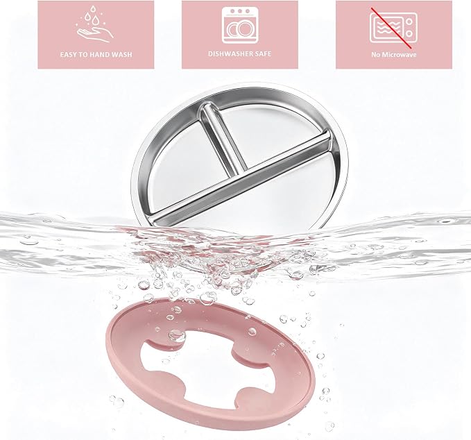 Bakpoco 9" Stainless Steel Divided Toddler Plates with Removable Suction | Baby Plate with Silicone Sleeves for Kids Girls Non-Toxic Unbreakable Dishwasher Safe Dinnerware Set of 2, Pink & Beige