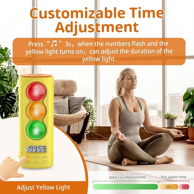 Traffic Light Timer, Custom Countdown, ADHD Tool, Volume & 4 Rings | visual meeting Classroom Desk Kitchen Type C Included Back to School Yellow