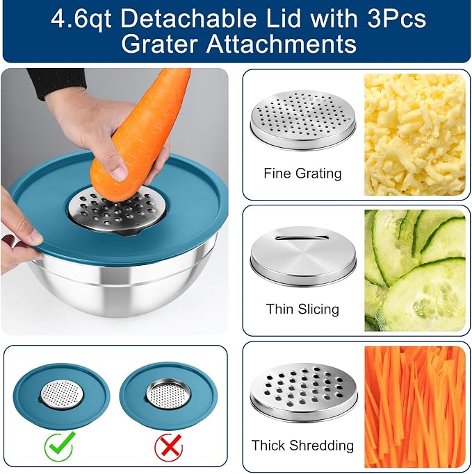 TeamFar Mixing Bowls with Lids, 5PCS Stainless Steel Metal Salad Bowl | with lids & 3 Grater Attachments, for Cooking/Prepping/Serving, Airtight Lids & Easy Clean - 0.7/1/1.5/2.6/4.6QT, Multi-Color