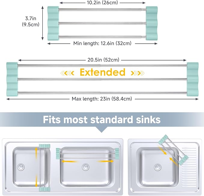 Tomorotec Adjustable Over-The-Sink Kitchen Rack, BPA-Free, Light Cyan | Holds 16.5 Lbs; For Dishcloths, Sponges, and Brushes - Heat-Resistant Stainless Steel with Slim, Expandable Design