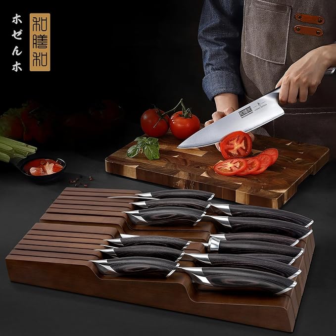HOSHANHO Kitchen Knife Set with Block, 14PCS Ultra Sharp Knife Block Set | Professional Japanese High Carbon Stainless Steel Chef Knives Set with Sharpener in Knife Drawer Organizer, Ergonomic Handle