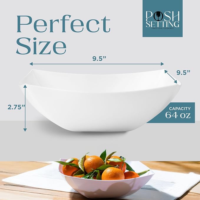 4 Pack Disposable White Plastic Serving Bowls Square Party Candy Use 64oz | Square Design. Disposable Party Tableware. Salad, Fruit & Candy Use. Candy Buffet Containers. White Plastic.