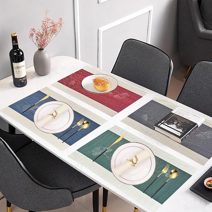 PIGCHCY Elegant Placemats with Matching Table Runner,Washable Durable Plastic Placemats for Dining Table Sets(6pcs Placemats+1pcs Table Runner, Red)
