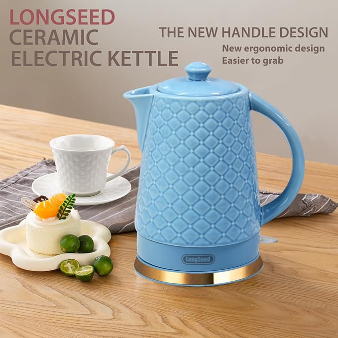1.5L Ceramic Electric Kettle, 1200W Fast Boil Retro Tea Pot with LED Light, BPA-Free Porcelain Cordless Water Boiler, Auto Shut-Off & Boil-Dry Protection, Blue Relief Carving