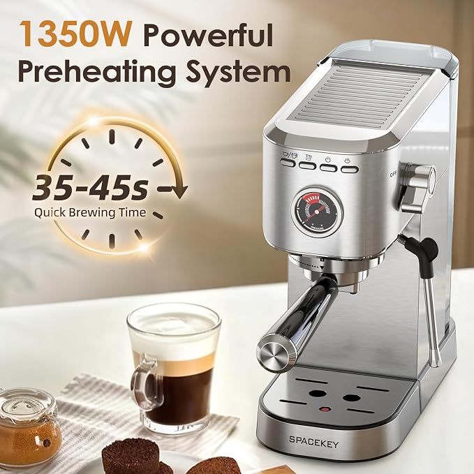 Spacekey Espresso Machine with Milk Frother, 20 Bar Compact Expresso Coffee Machines for Home, Stainless Steel Espresso Maker with 39oz Removable Water Tank for Cappuccino Latte, Fast Heating, Silver