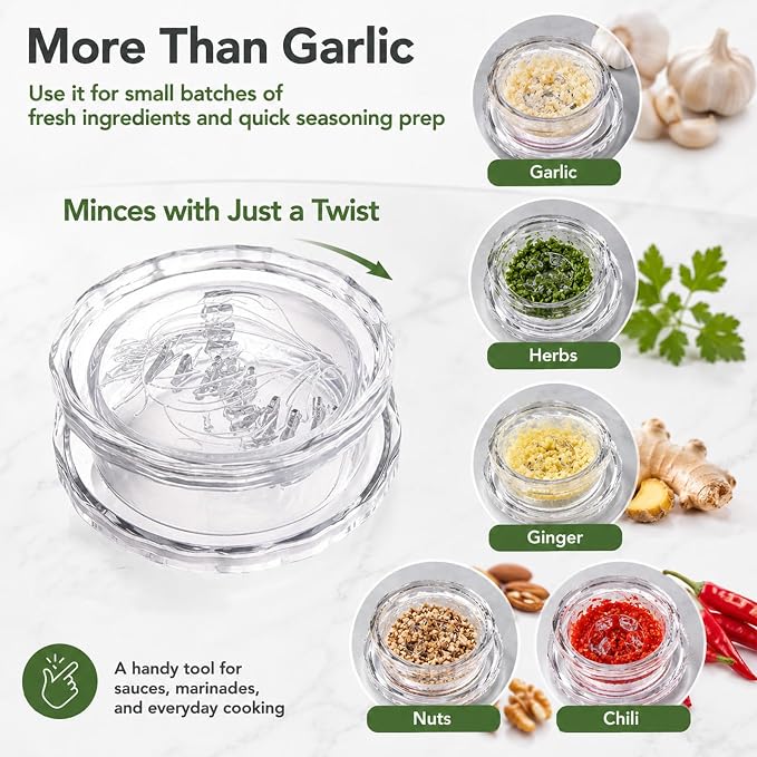 Transparent Manual Garlic Twister & Mincer, 2-Pack Multi-Functional Grinder for Garlic, Onion, Ginger, Herbs, Nuts, Impact Resistant Kitchen Gadget