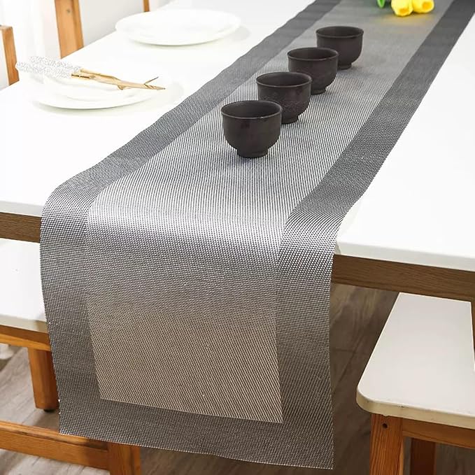 PIGCHCY Modern Elegant Placemats Set of 6 and Table Runner Washable Vinyl Placemats Non-Slip Durable Table mats Sets (6 Placemats+1 Table Runner, Silver)
