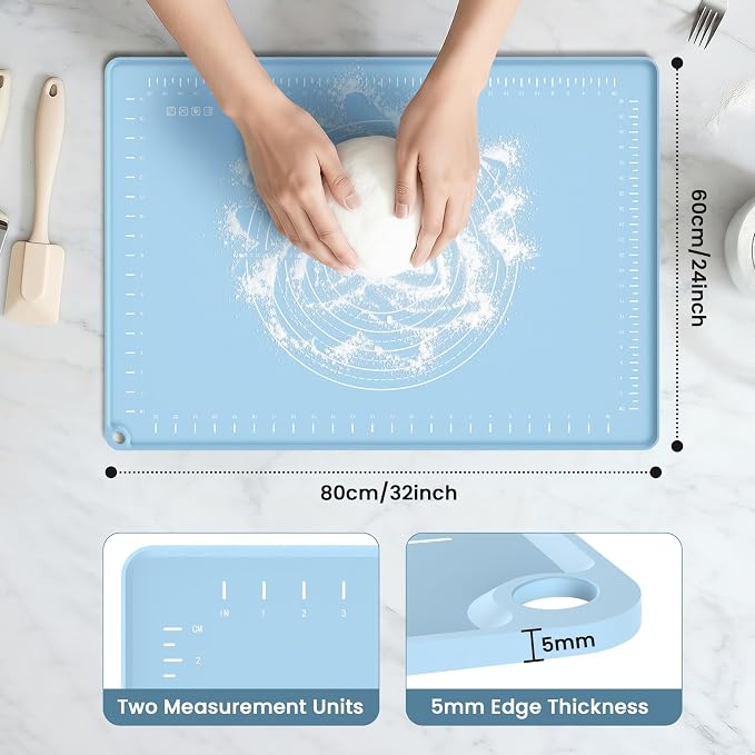 32x24 Silicone Rolling Mat Non-Stick Food Grade Baking Mat w/Measurements | Non-slip edges, heatproof silicone, nonstick, measuring guides, oven/dishwasher safe, tearproof, easy clean.