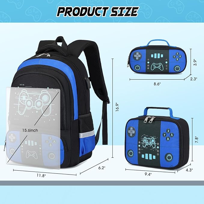 Backpack for School Boys, Cool Luminous Gamer Boys Schoolbag | with Lunch Box & Pencil Case Set for Kids Teens Elementary Middle School, Bookbag Glow In The Dark