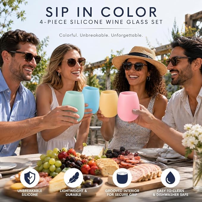 Silicone Wine Glasses Set of 4 Pastel Colors, 12 oz Break-Resistant, Flexible & Shatterproof Stemless Cups for Wine, Cocktails, or Outdoor Use Reusable Glassware