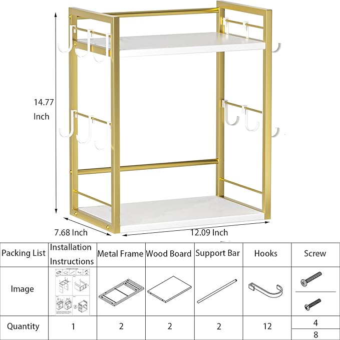 Dorhors Coffee Bar Organizer,Mug Holder,Station Organizer Kitchen Counter | 2 Tier Gold + White Wood Coffee Bar Accessories with 12 Hooks,Countertop Shelf for Mug,Syrup and Accessories