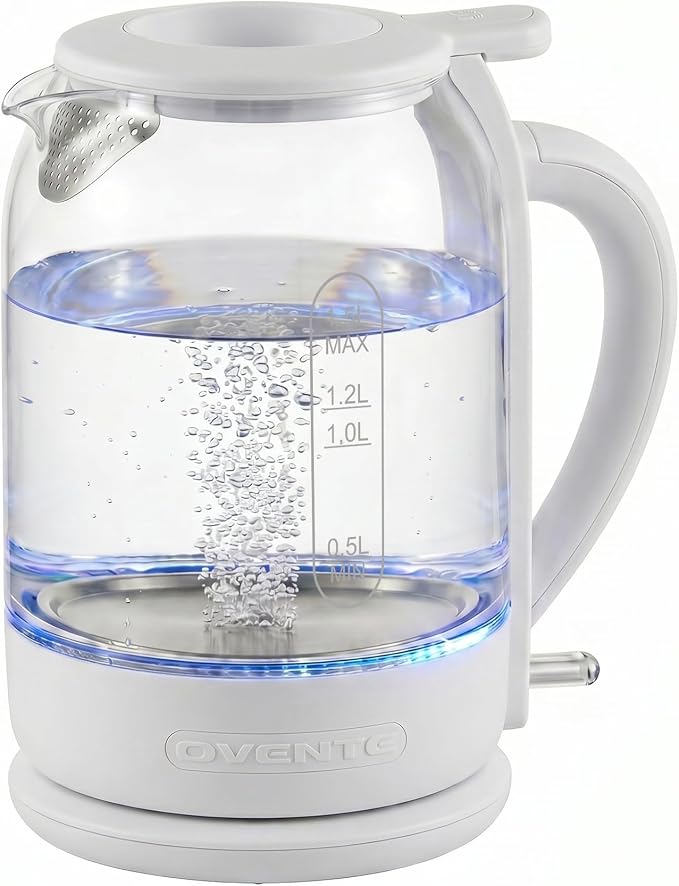 OVENTE 1.5L Glass Electric Kettle Water Boiler, White KG516W | 1500W Fast Boiling, Easy Fill Lid, Stainless Steel Filter, LED Indicator, Auto Shut-Off, Boil-Dry Protection, 360° Base