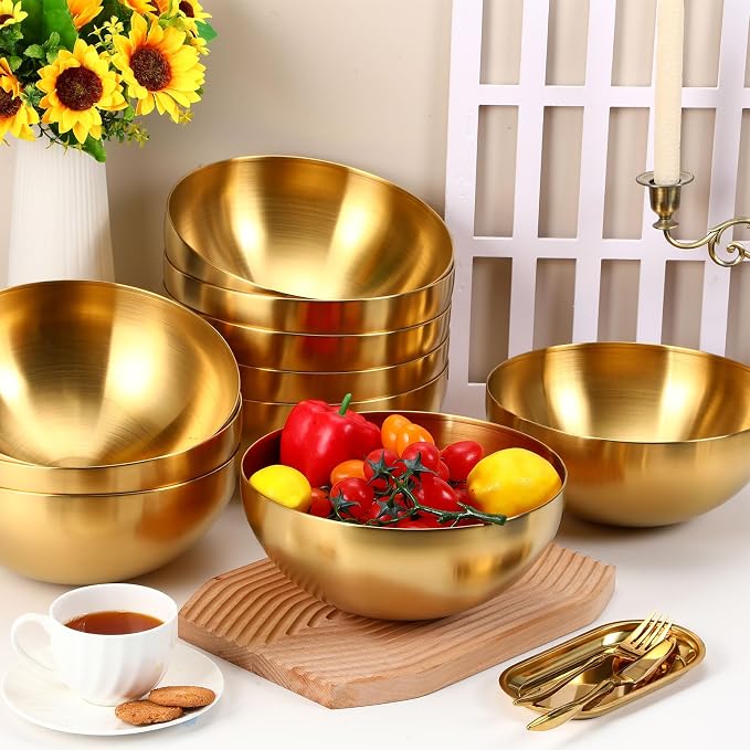 Nuogo 10 Pcs 9.8 Inch Gold Bowls Stainless Steel Esthetician Facial Bowls | Multi-use for Spa Facials Baking Serving, Christmas Wedding Decor, Professional Mixing Prep, Salad Fruit Candy Display Bowls
