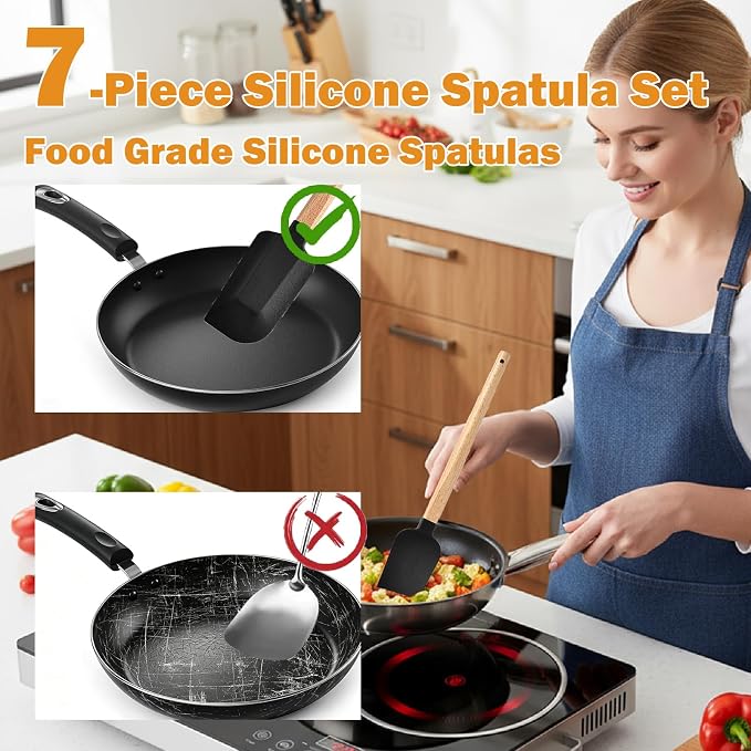 7 Piece Silicone Spatula Set, Food Grade Rubber Spatula Set with Wooden Handle, Heat Resistant Up to 600°F, Silicone Utensils Set for Baking, Cooking & Mixing, Jar, Non-Stick Kitchen Utensils(Black)