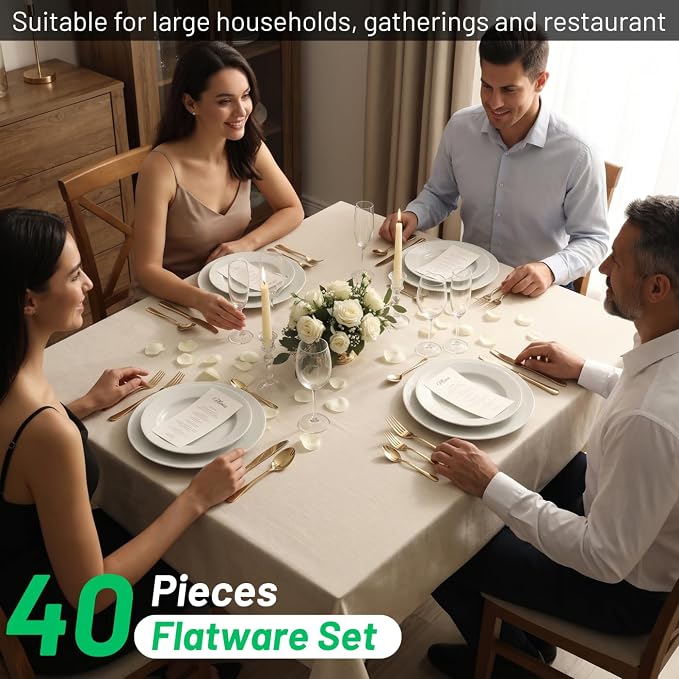 VIVANI 40 Piece Champagne Silverware Set for 8, Gold Flatware Set | 18/0 Stainless Steel Cutlery Set with Advanced PVD Titanium Coating for Home, Kitchen, Housewarming, Wedding, Dishwasher Safe