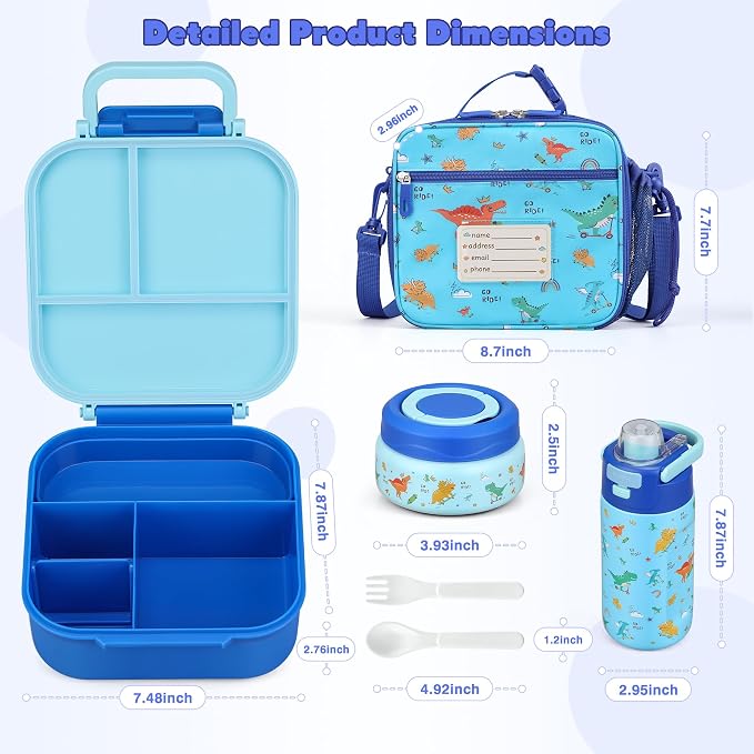 Bento Lunch Box for Kids with 7oz Soup Thermo,Insulated Stainless Steel Kids Water Bottle with Straw and Insulated Lunch Bag,Leak-Proof Lunch Food Container with Ice Pack for School(Blue-Dinosaur)
