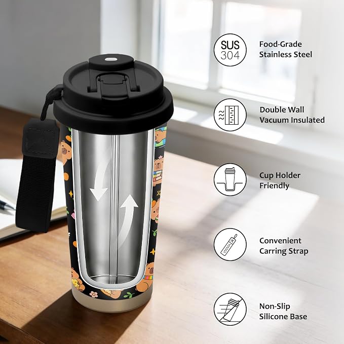 Capybara Water Bottle Stainless Steel 2-in-1 Lid Coffee Tumbler 18 oz Cute Capybara Print Insulated Travel Coffee Mug Capybaras Gifts for Women Girls Birthday Christmas