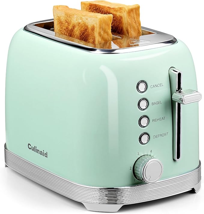 Toaster 2 Slice Retro Stainless Steel, Aqua Green | 1.5” Extra Wide Slots with Bagel, Defrost, Reheat, Cancel Functions, 6 Bread Shade Settings, Removable Crumb Tray