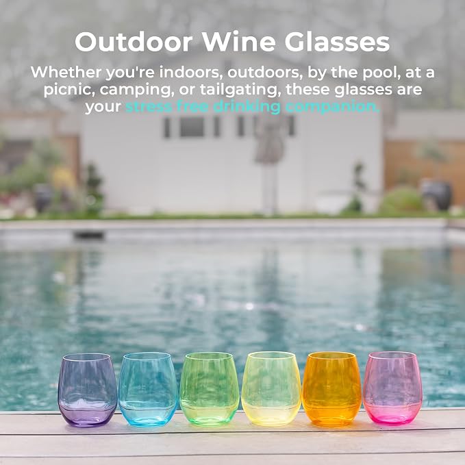 Stemless Wine Glasses Set of 6, 16oz Unbreakable Acrylic Plastic Wine Cups | Reusable Shatterproof Colored Wine Tumblers, Dishwasher Safe BPA Free Drinkware for Outdoor, Pool, Patio, Camping, Party