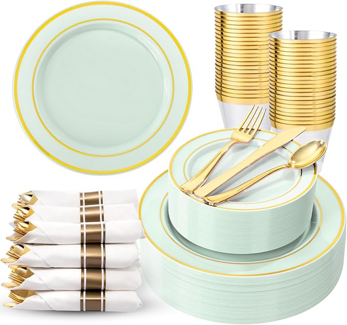 350PCS Green Plates Disposable - Sage Green Plastic Plates 50Guests Plastic Dinnerware with Rolled Napkins for Party/Birthday