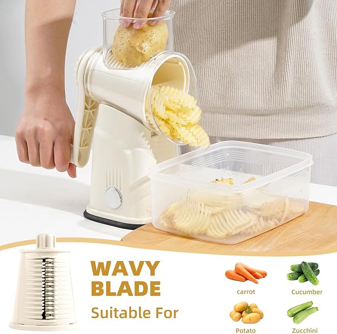 Rotary Cheese Grater with Handle, 5 Replaceable Blades (Beige) | Strong Suction Base, Round Food Slicer & Chopper for Kitchen Fruit Vegetables Nuts with Blade Storage Box