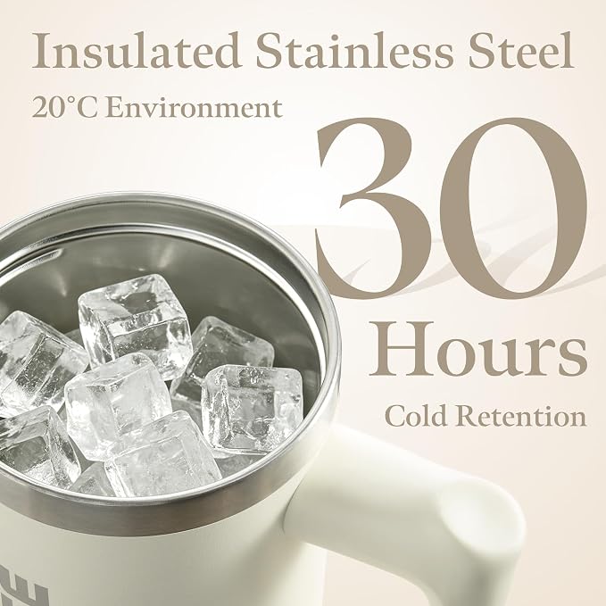 Cream 30 oz Insulated Tumbler with Handle Coffee Tumbler Cups with Lid and Straw, Leakproof Insulated Cup Stainless Steel Travel Mug Water Bottle for Iced Tea, Coffee, Cold Beverages for Car Office