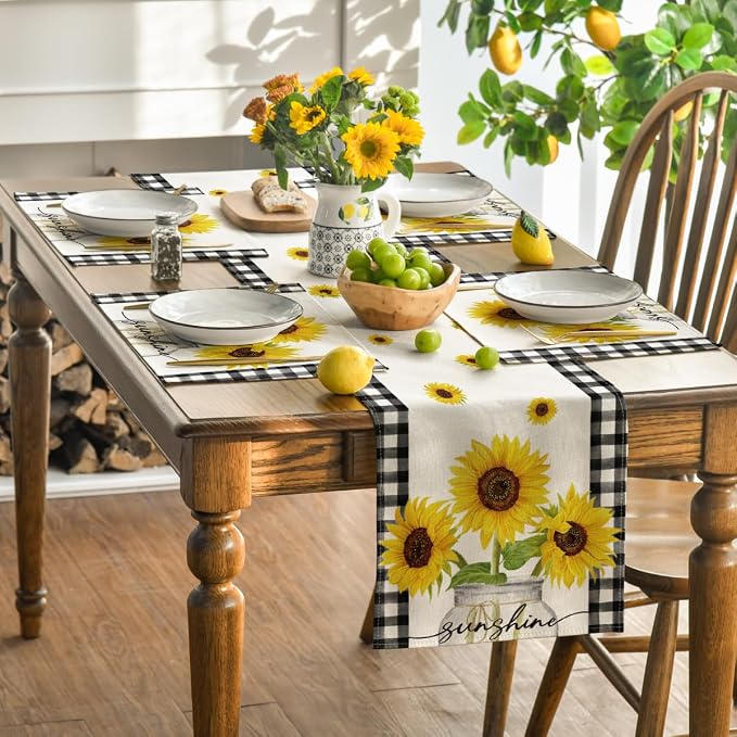 Artoid Mode Buffalo Plaid Sunflower Sunshine Vase Summer Placemats Set of 4, 12x18 Inch Spring Table Mats for Party Kitchen Dining Decoration