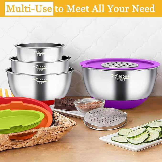 Wildone Mixing Bowls with Airtight Lids, Stainless Steel Mixing Bowls Set | Metal Bowls with 3 Grater Attachments & Non-Slip Bottom, Size 5, 4, 3, 2,1.5, 0.63QT, Includes Utensil Set for Prep, Colored