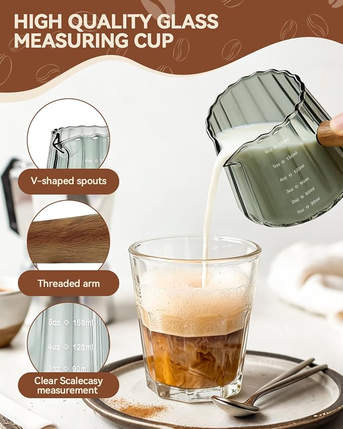 2 PCS Espresso Measuring Cup 6 Oz, Espresso Glass Cups with Wood Handle, Milk Frothing Cup, Espresso Cup for Coffee, Milk, Tea or Maple Syrup Serving (Grey)