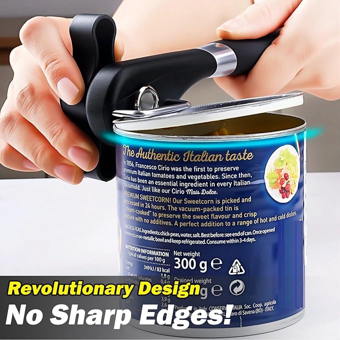 Side Cut Can Opener, Smooth Edge Manual Opener, Black | Safety side-cut blade creates smooth edges; large soft-touch knob and non-slip handle provide comfortable everyday use.