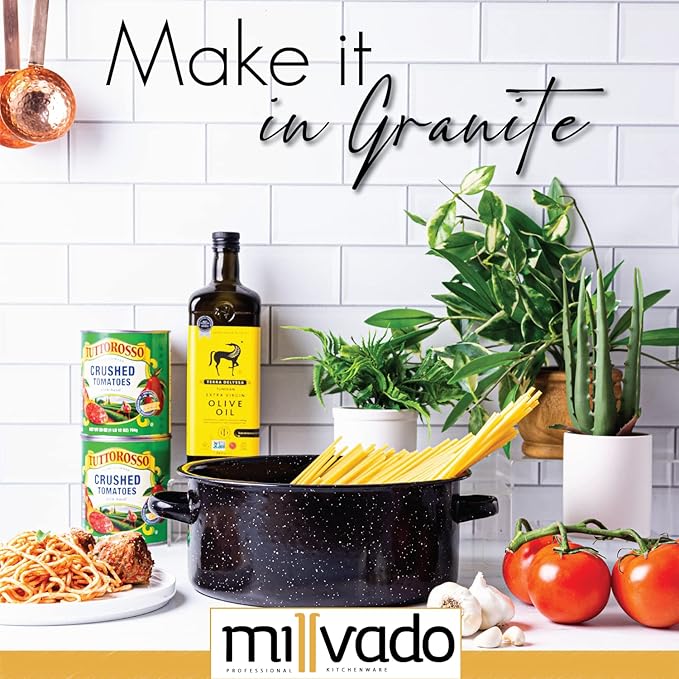 Millvado Granite 5 Qt Stockpot, Nonstick Soup Pot With Lid, Speckled Enamel Ware Cookware, Large Stock Pot For Boiling and Cooking, Big Granite Cooking Pot for Stovetop, Campfire, Outdoor Stove