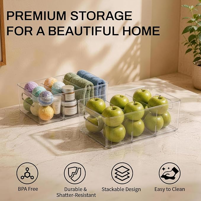 Mpotmiy 8-Pack Pantry Organizers and Storage, Clear Fridge Organizer Bins | Clear stackable plastic bins with removable dividers for packets, snacks, pouches and spices in pantry, fridge or freezer.