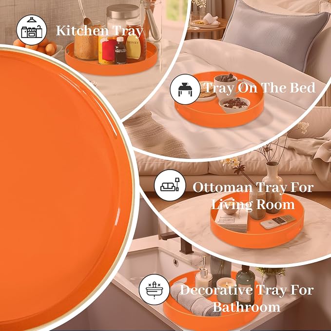 13" Orange Decorative Tray, Plastic Round Serving Tray with Handles | Decorative Tray for Coffee Table, Modern Ottoman Tray, Circle Tea Tray, Round Melamine Tray for Living Room, Bathroom