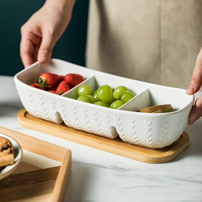 Miamolo Chip and Dip Set Bowl with Divided Serving Tray, Hosting Essentials | Acacia Wood Tray, Ceramic Serving Bowls | Condiment Tray for Dipping Sauces, Party | Kitchen Counter Decor, Microwave Safe