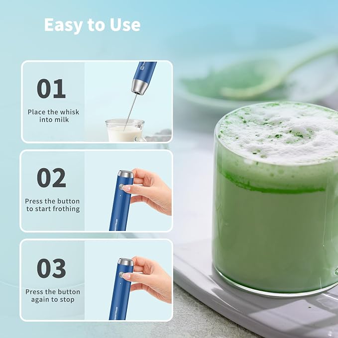 Maestri House LunaFro Rechargeable Milk Frother,Stand & 2 Detachable Whisks | 8000RPM Turbo Motor, 1200mAh lithium battery, Handheld Milk Frother for Lattes, Cappuccino, Matcha & Powdered Supplements