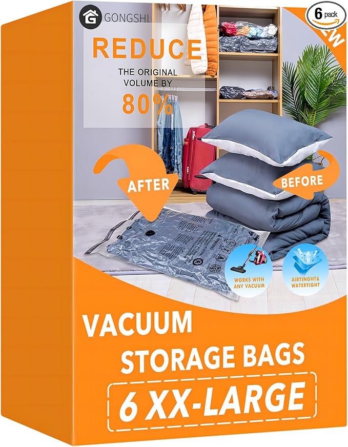 GONGSHI Vacuum Storage Bags, Space Saver Seal Bags For Clothing, Travel Luggage,Blankets, Comforters, Pillows, Clothes Storage.6 XX Large