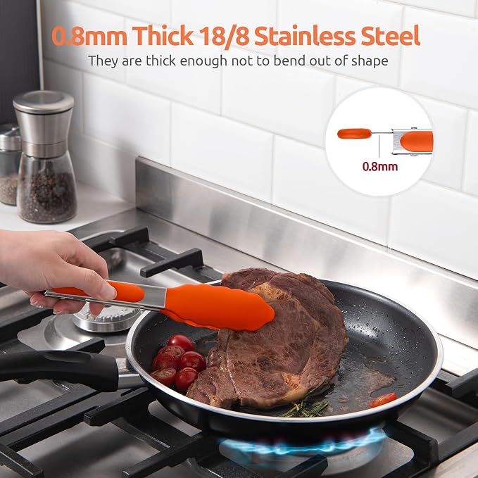 U-Taste Kitchen Tong for Cooking, 600ºF Heat-Resistant Tps, 7in/Orange | Small Mini Silicon Tongs for Serving Food, Short Salad Thong with Non Stick Rubber Tips & 18/8 Stainless Steel Handle