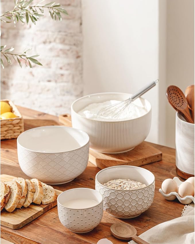 Mikiegy Ceramic Mixing Bowls Set of 4, Nesting Ceramic Embossment Stoneware Mixing Bowls for Cooking, Serving, Popcorn, Salad etc, Microwave & Dishwasher Safe, 20/44/98/145 oz, Off-White