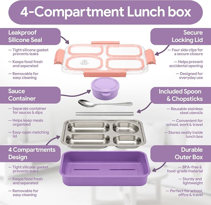 Large 11" x 8" Stainless Steel Bento Lunch Box for Adults with 4 Compartments Leakproof Lid BPA-Free 304 Stainless Steel Food Container That Keeps Food Separate, Ideal for Office and Travel use, Pink