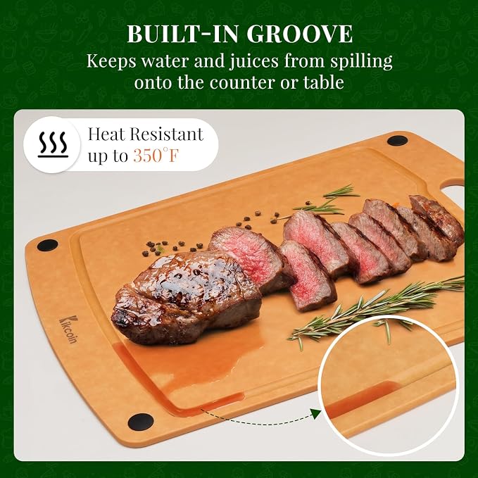 Kikcoin Wood Cutting Board, Cutting Boards for Kitchen Dishwasher Safe Non-slip Chopping Board with Juice Groove, Wood Fiber Composite Cutting Board with Handle, 14.6"*10.8"