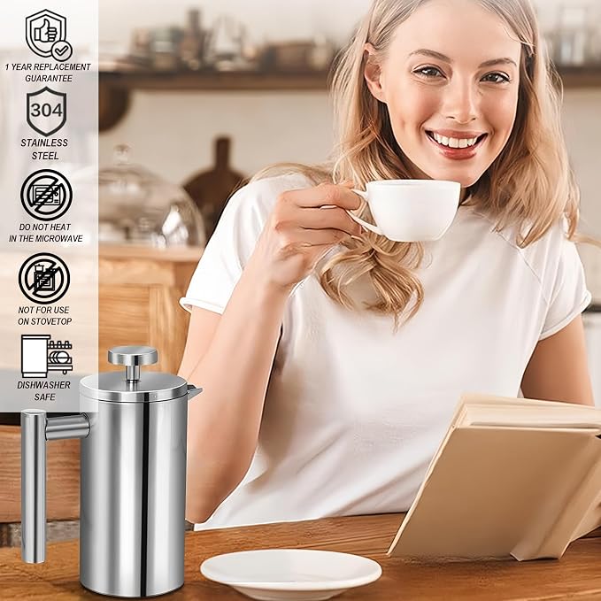 Small French Press Coffee Maker 1 Cup - 12oz/350ml Single Cup Metal French Press(1 Cup), Stainless Steel Double Wall Insulated Coffee & Tea Maker w/ 3 Extra Screens + 1 Spoon (Silver), Dishwasher Safe