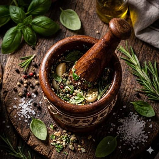 Handmade Wooden Mortar & Pestle Set, Herb Spice Garlic Masala Grinder Bowl | Rustic manual kharal crusher for ginger, peppercorns, seasonings, pesto, guacamole, pill crusher, easy to clean, kitchen prep