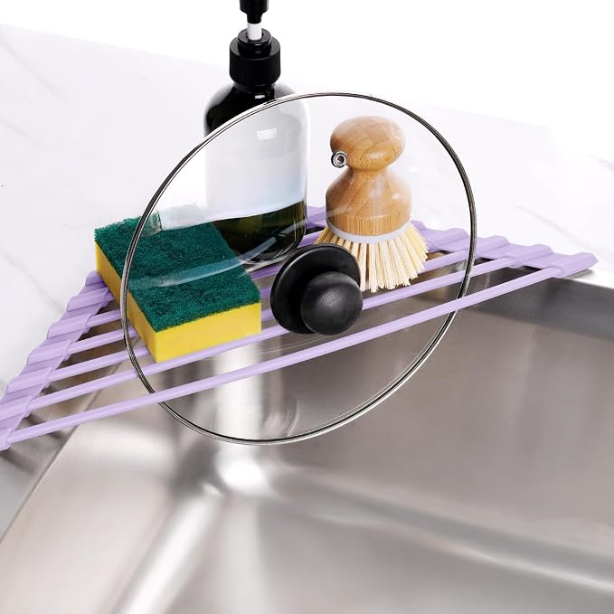 Tomorotec Triangle Roll Up Dish Drying Rack with Silicone Coating, Purple | 304 Stainless Steel with BPA-Free Silicone, Triangle Design Maximizes Sink Corner Space, Fits Compact Kitchens And RVs