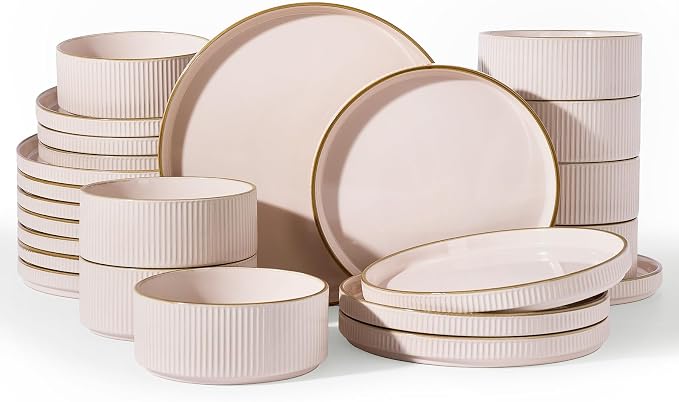 Famiware Stoneware Dinnerware Sets for 8, Rimmed Plates, Bowls, Pink Dishes | 24-Piece Chip & Scratch Resistant Ceramic, Microwave & Dishwasher Safe, Everyday & Formal Dining, Modern Rustic, Lipped Edges