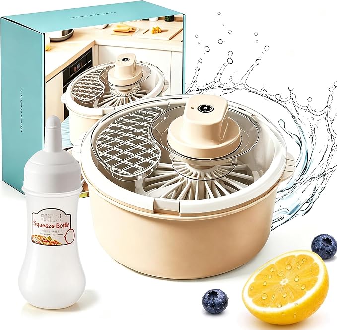 Electric Salad Spinner and Produce Washer, Cordless Fruit Cleaner Spinner with Non-Slip Base, Multifunctional Vegetable Dryer for Lettuce Greens Berries，Yellow