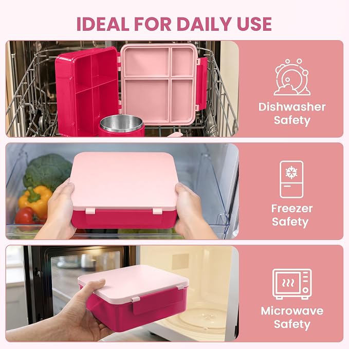 LOHASOK Bento Lunch Box for Kids with 8oz Soup Thermo, Pink | 4-Compartment, Leak-Proof Lunch Containers with Insulated Food Jar and Silicone Foldable Spoon Fork