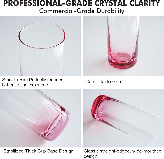 Pink Highball Glasses Set of 6, Drinking Glass for Mixed Drink | 13oz ,Cups for Cocktail, Beer, Mojito, Water and Juice,Thick Tall Glassware for Kitchen, Restaurant, Home Bar and Parties